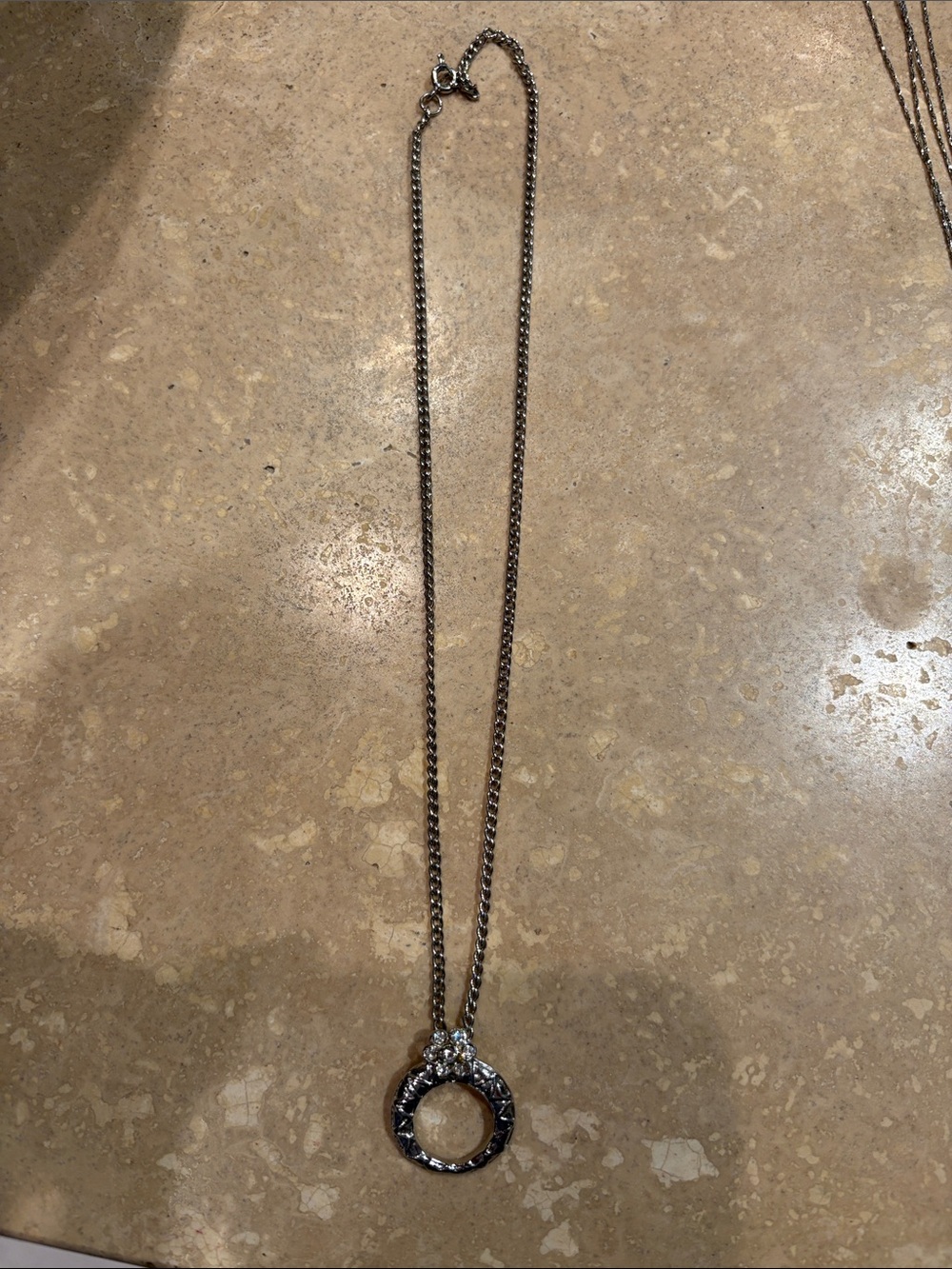 Textured Silver Circle Pendant Necklace with Crystal Cluster